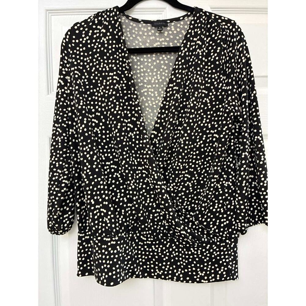 Talbots Small Black Cream Polka Dot Faux Wrap Surplice Top‎